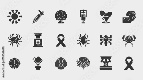 Collection of Medical and Biological Icons Representing Health and Disease.