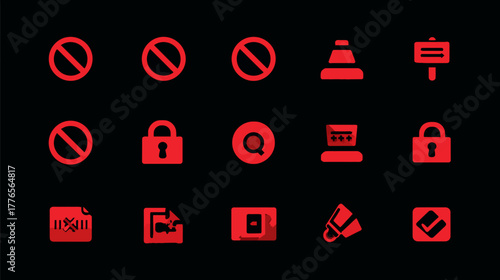 Collection of Red Warning and Security Icons on Black Background.