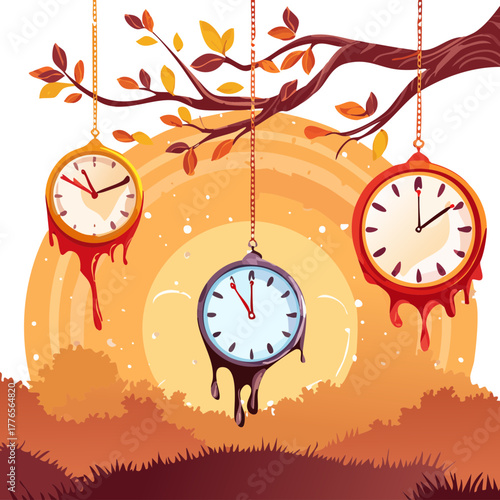 Melting Hanging Clocks at Sunset — Surreal Landscape Vector Illustration in Warm Autumn Colors