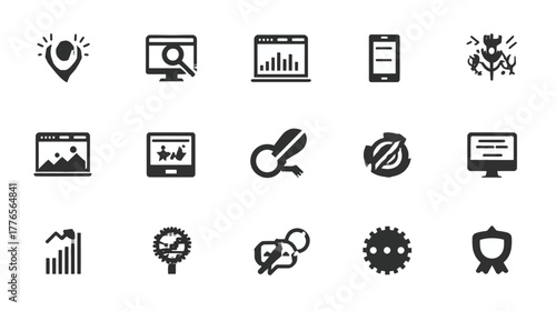 Collection of SEO and digital marketing icons for web and mobile applications.