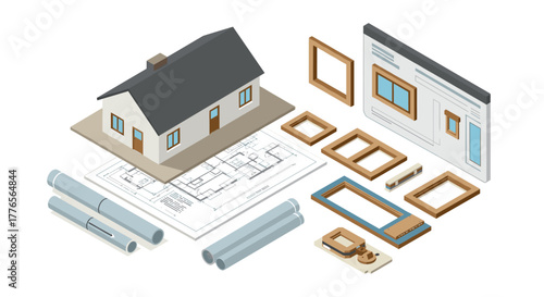 Isometric house building elements with detailed blueprints and construction parts