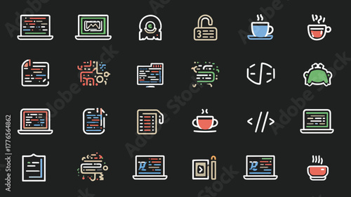 Collection of Technology and Coding Icons with Coffee and Brain Symbols.