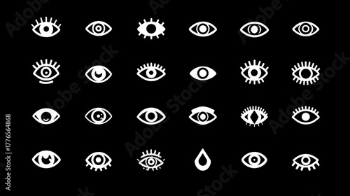 Collection of stylized eye icons on a black background.