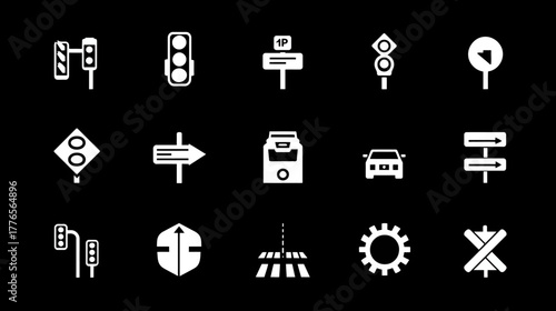 Collection of Traffic Signs and Signals Icons for Road Safety and Navigation.