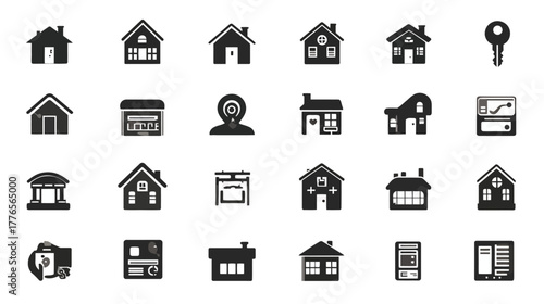 Collection of various real estate and home-related icons in black.