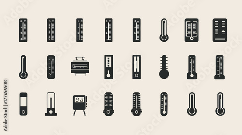 Collection of various thermometer icons in different shapes and styles.