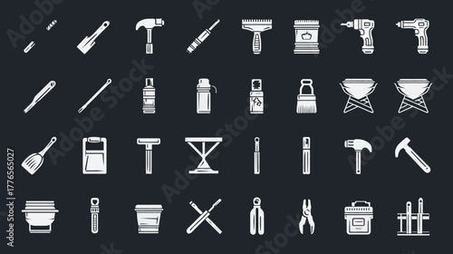 Collection of various tools and equipment for construction and repair work.