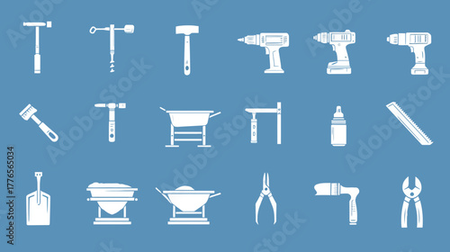 Collection of various tools and equipment for construction and repair work.