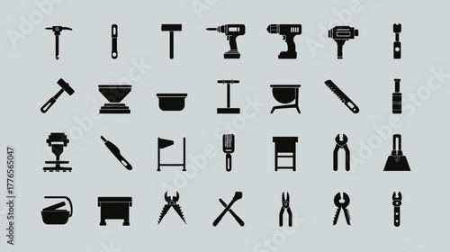 Collection of various tools and equipment for construction and repair work.