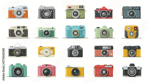 Collection of various vintage cameras in different colors and styles.