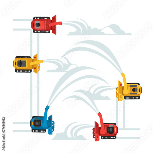 Snow blowers operating in synchronization with colorful spray patterns  