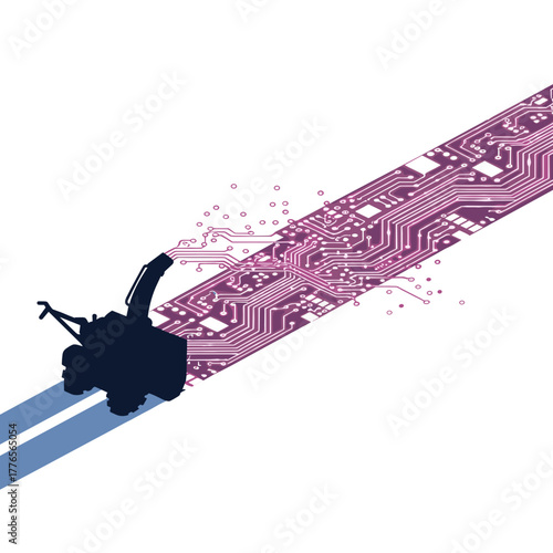 Snow blower creating circuit board trail in abstract style  