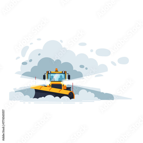 Snowplow clearing snow while driving through foggy winter landscape  