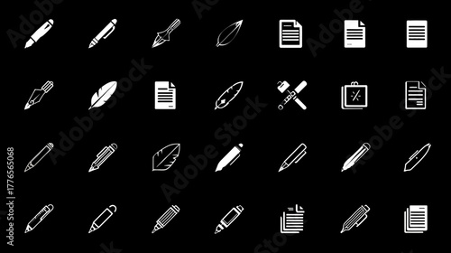 Collection of various writing tools and documents arranged on black background.