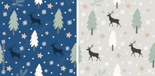 Christmas Winter Pattern with Reindeer, Snowflakes, and Pine Trees | Scandinavian Holiday Background