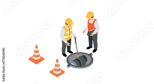 Isometric construction workers fixing manhole with safety cones