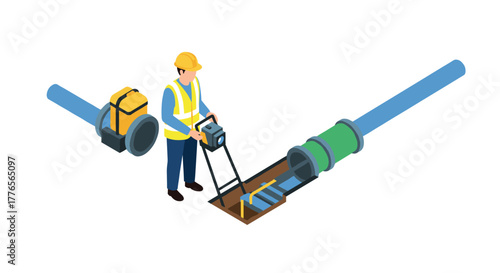 Worker inspecting underground pipes using equipment in isometric view