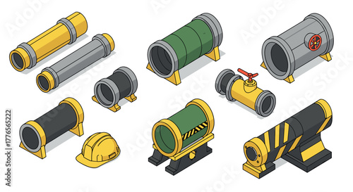 Industrial pipe collection with protective gear in isometric style