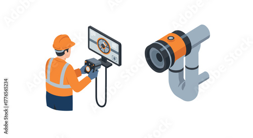 Worker operating isometric control panel with industrial camera equipment