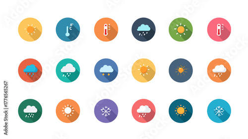 Colorful weather icons representing various atmospheric conditions and forecasts for daily predictions.