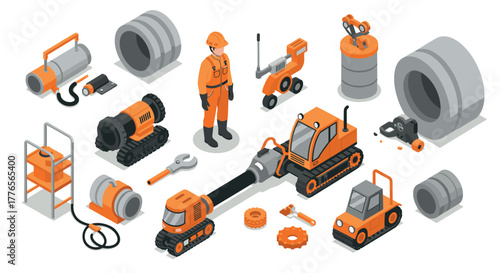 Construction equipment and worker in isometric style