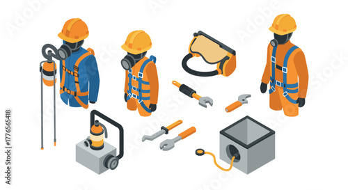 Isometric industrial safety equipment and workers with tools and gear