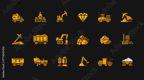 Mining Industry Icons - Extraction, Equipment, and Resources.