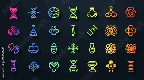 Neon science symbols representing various scientific concepts and elements.