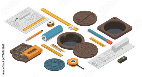 Isometric industrial equipment and tools for construction and engineering design
