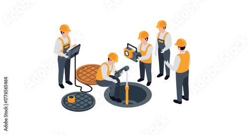 Isometric urban maintenance crew working in sewer system with safety gear