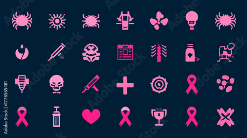 Pink cancer awareness icons representing various medical and health symbols.