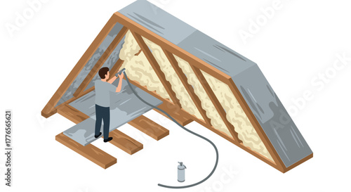 Worker applying spray foam insulation in attic space on wooden rafters