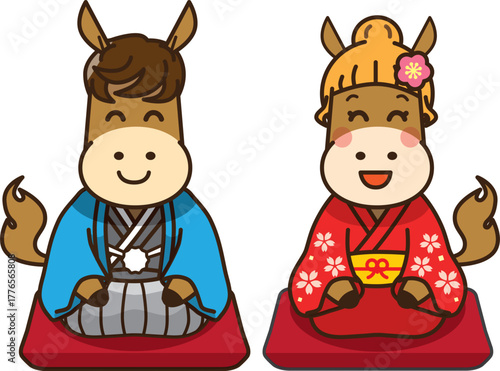 干支のうま 和装で新年を祝う正座イラスト（メスの馬・年賀・和風デザイン）