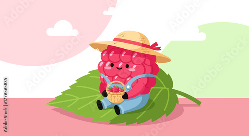 A Charming Raspberry Character Resting on a Leaf, Smiling With a Straw Hat And a Basket