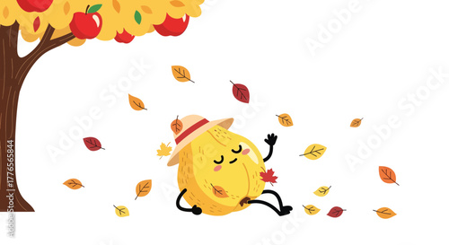 A Cheerful Autumnal Cartoon Character Relaxes Under A Tree and Falling Leaves