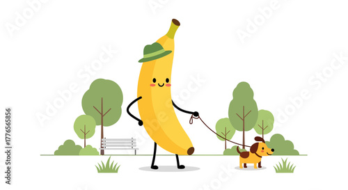 A Cheerful Banana Character Walking A Dog In A Green Park, Nature Scene