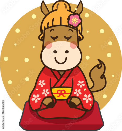 干支のうま 和装で新年を祝う正座イラスト（メスの馬・年賀・和風デザイン）