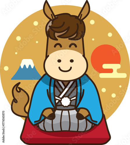 干支のうま 和装で新年を祝う正座イラスト（オスの馬・年賀・和風デザイン）