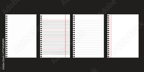 Set of vector realistic illustrations of a torn sheet of paper from a workbook with shadow, isolated