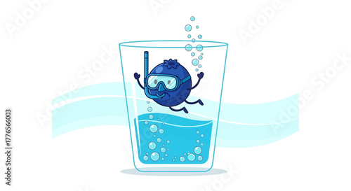 A Cheerful Blueberry Character Enjoying a Refreshing Underwater Adventure in a Glass of Water