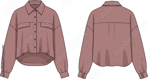Long sleeve shirt fashion sketch, technical garment drawing, front and back view, button-up blouse, apparel design, clothing template, illustration