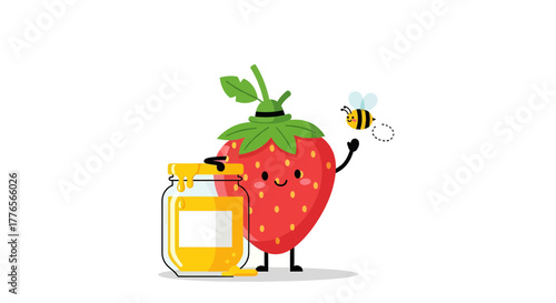 A Cheerful Strawberry With Honey, A Bee, Sweetness, And Delicious Food Related Scenes