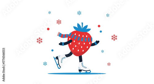 A Cheerful Strawberry Gliding on Ice Amidst Whimsical Snowflakes Creating Festive Scenes
