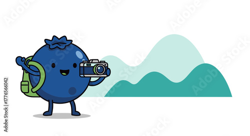 A Cheerful Blueberry Explores A Serene Landscape, Capturing Moments With Delightful Charm