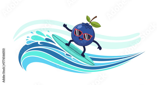 A Cheerful Blueberry Surfer Rides The Waves With Sunglasses And A Smiling Expression