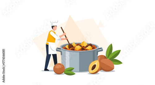 A Chef Expertly Cooks Stew With Plum, Artistic Culinary Illustration On White Background