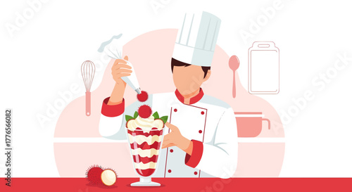 A Chef Decorating a Delicious Dessert with Fresh Fruit and Whipped Cream