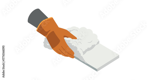 Cleaning concept with gloved hand scrubbing soap on white surface in isometric design