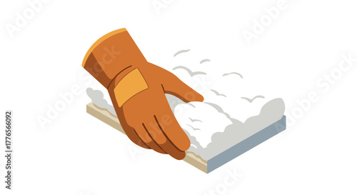 Gloved hand touching memory foam mattress isometric design