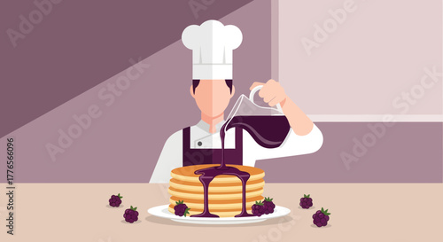A Chef Preparing Breakfast With Stacked Pancakes And Delightful Syrup Pouring